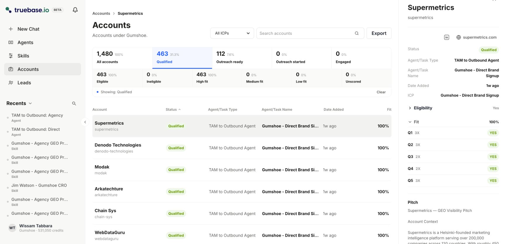 Truebase Accounts workspace showing qualified accounts, fit scores, and the expanded evidence behind a selected account's score.