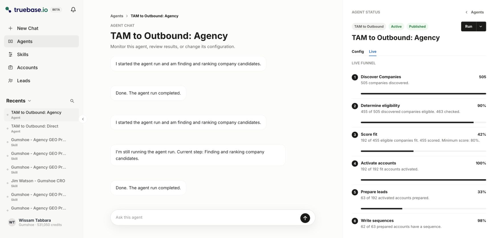 Truebase workspace showing an Agent running in the app.